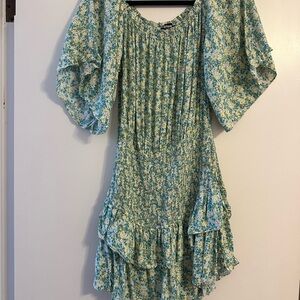 Floral Mini Dress in Blue, Green, and White